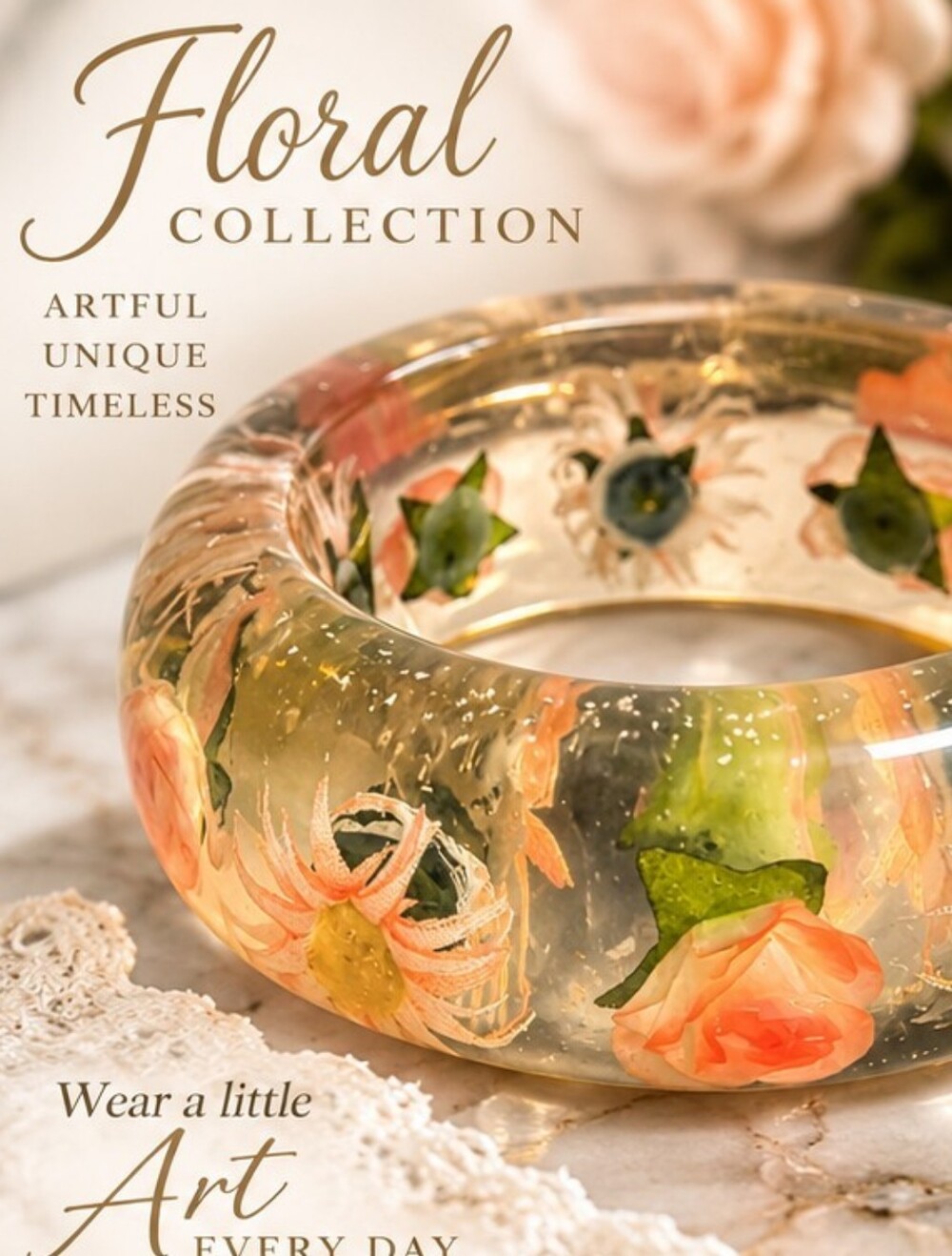 NWT Fiesta Collection Lucite Resin Embedded Floral Wide Bangle Bracelet